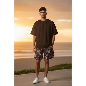 4th Dimension Mens Tiger Floral Shorts Navy Blue Large Elastic Waist Drawstring